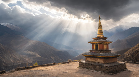 A stupa under a stormy sky, surrounded by rugged terrain, natural light breaking through clouds and providing ample spaceの素材