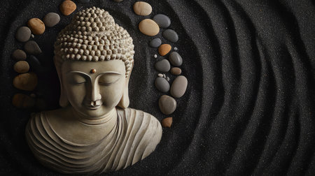 Buddha sculpture placed on black sand with small pebbles, top view with minimalistic Zen layout and spaceの素材