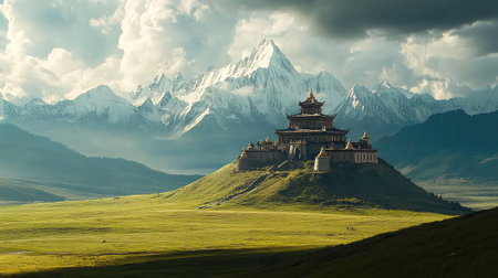 A stupa atop a hill, framed by vast open plains with distant mountains on the horizon and ample room for designの素材