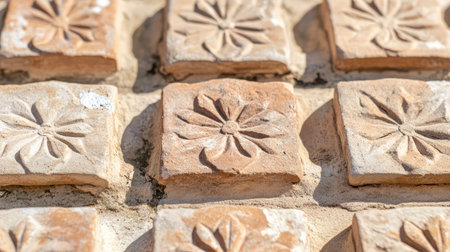 Close-up of intricate temple roof tiles with traditional patterns, subtle texture and surrounding spaceの素材