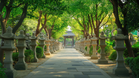 Empty pathway leading to temple gate, flanked by stone lanterns and surrounded by trees, calm setting with room for textの素材