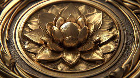 Close-up of sacred lotus pattern engraved in golden metal, spiritual aesthetics and minimalist surroundingsの素材