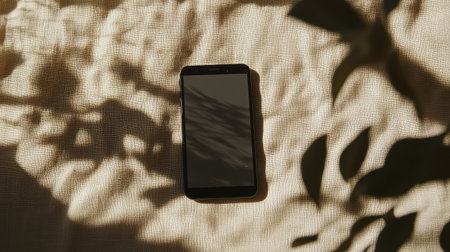 Black smartphone lying on a soft beige fabric with a natural window light casting shadows, empty screen for design presentation or advertising copy spaceの素材