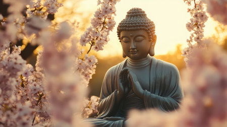 Buddha figure surrounded by cherry blossoms, spring nature atmosphere with tranquil light and copy spaceの素材