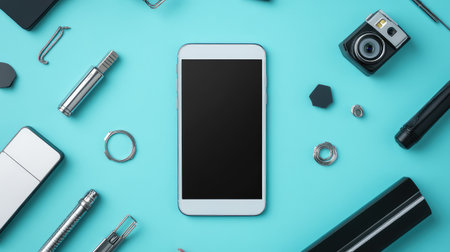 Blank smartphone on blue textured background with scattered tech gadgets, modern layout for technology or app designの素材