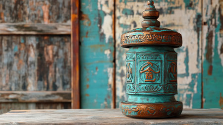 Buddhist symbols embossed on aged copper prayer wheel, spiritual texture and atmospheric backgroundの素材