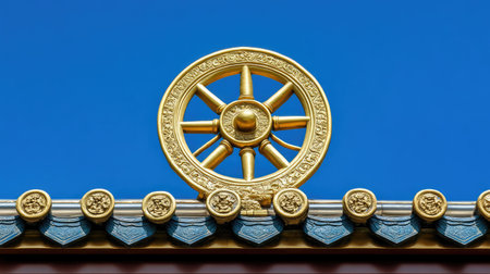 Golden dharma wheel sculpture on a temple rooftop, traditional Buddhist symbolism under clear blue sky with ample spaceの素材