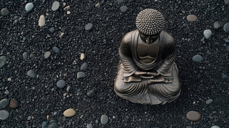 Buddha sculpture placed on black sand with small pebbles, top view with minimalistic Zen layout and spaceの素材