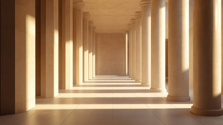 Interior of temple hall with aligned columns and symmetrical perspective, minimal dcor and copy spaceの素材