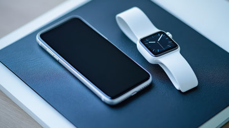 Sleek smartphone and smartwatch resting on black notebook, productivity tech concept with blank UI spaceの素材
