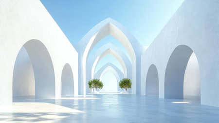 Minimalist temple view with smooth white walls and natural shadows, architectural elegance with copy spaceの素材