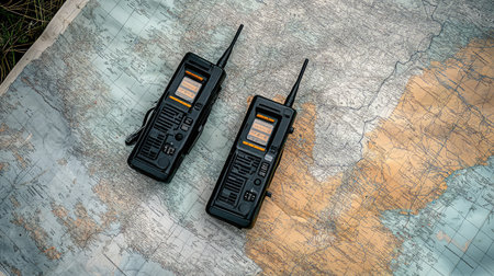 Overhead view of walkie talkie pair on travel map with compass and empty area, rugged communication flat layの素材