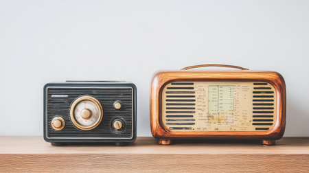 Pair of classic radio transmitters on vintage shelf with empty space, old school communication tools in nostalgic settingの素材
