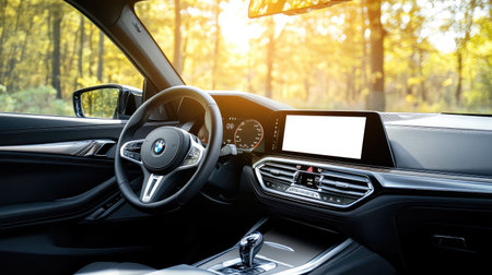 Touchscreen infotainment system in car dashboard with blank screen, modern vehicle tech interface with copy spaceの素材