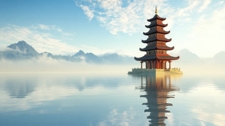 Peaceful lakeside view with temple reflection and distant mountains, spiritual balance and visual opennessの素材