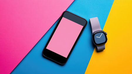 Phone and smartwatch on vibrant background with stylized shadows, creative digital tech layout with empty screenの素材