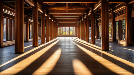 Peaceful temple corridor with wooden pillars casting shadows, open-air design and minimalism with copy spaceの素材
