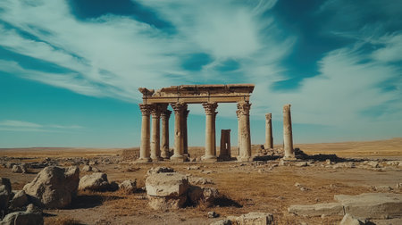 Isolated temple structure in desert with minimal color tones and endless sky, dramatic open spaceの素材