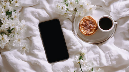 Smartphone with black blank screen placed on white bedsheet with breakfast tray and flowers, cozy and soft morning lifestyle background for copy spaceの素材