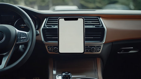 Phone with blank screen resting on dashboard in car interior, road trip and tech usage concept with empty space for creative designの素材