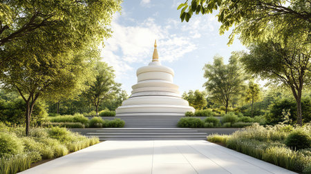 Sacred Buddhist stupa surrounded by nature under a wide sky, traditional structure with peaceful spiritual setting and open areaの素材