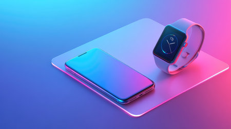 Modern tech layout with phone and smartwatch on acrylic sheet with color lights, futuristic style with copy spaceの素材