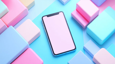 Smartphone mockup on abstract color blocks with pastel tones and clean blank screen, creative marketing layout with copy spaceの素材