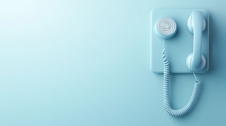Wall-mounted telephone with coiled cord in minimal interior, simple communication tool layout with clean copy spaceの素材