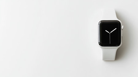 Smartwatch on white background with empty screen and soft shadows, wearable communication concept with copy spaceの素材