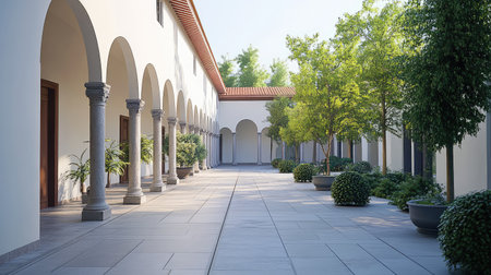 Silent monastery courtyard with smooth tiles and natural sunlight, tranquil environment and room for contentの素材