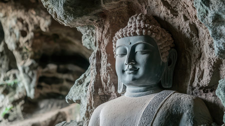 Weathered stone Buddha in cave sanctuary, ancient atmosphere with mysterious soft light and copy spaceの素材
