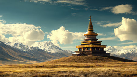 Sacred Buddhist stupa surrounded by nature under a wide sky, traditional structure with peaceful spiritual setting and open areaの素材
