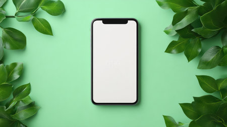 Smartphone mockup with white screen on pastel green background and minimal decor, clean and modern look for copy spaceの素材