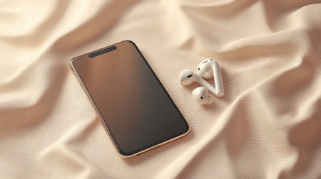 Wireless communication earbuds next to smartphone on soft fabric background, sleek layout for modern tech and audio mockupの素材