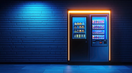 Touchscreen vending machine interface with glowing edge light, modern retail tech with empty UI spaceの素材