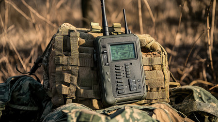 Two-way radio on military style surface with tactical gear, communication tool for field and defense with room for overlayの素材