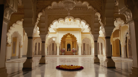 View of temple through ornate archway, framed composition with elegant symmetry and room for creative useの素材
