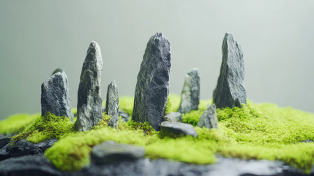 Traditional Japanese Zen garden with rock and moss composition, designed for meditation and harmony with room for textの素材