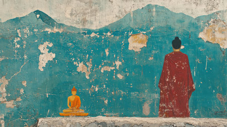 Wall painting of Buddhist scenes and symbols in vibrant colors, aged texture with clear background spaceの素材