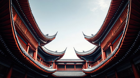 Traditional Asian temple with curved rooftops under clear sky, spacious courtyard and architectural symmetry with copy spaceの素材