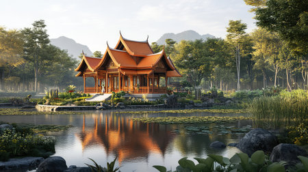 Traditional Thai temple with ornate gables and serene surroundings, wide landscape and calm spaceの素材
