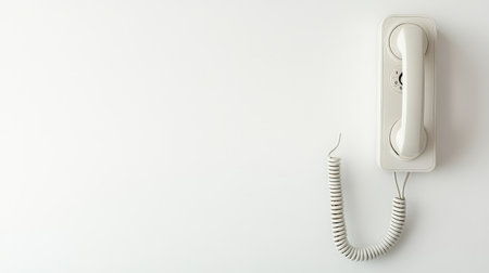 Wall-mounted telephone with coiled cord in minimal interior, simple communication tool layout with clean copy spaceの素材