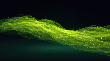 An enchanting abstract image of green flowing waves with shimmering particles. Perfect for backgrounds, digital art, or conveying a sense of motion and tranquility.の素材