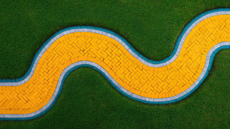 A winding yellow pathway bordered by blue tiles stretches across a vibrant green lawn, creating an inviting atmosphere perfect for outdoor relaxation and exploration.の素材