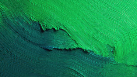 This vibrant green abstract background features smooth brush strokes, creating layers of texture that evoke a sense of artistic elegance and modern design. Perfect for creative applications.の素材