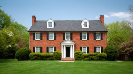 Beautiful brick house with a well-groomed front lawn, trees, and a classic design under a bright blue sky. Ideal for family living and outdoor leisure.の素材