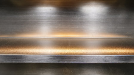 This image features a polished metal surface illuminated by soft lighting, enhancing its reflective quality and texture, suitable for various artistic and industrial applications.の素材