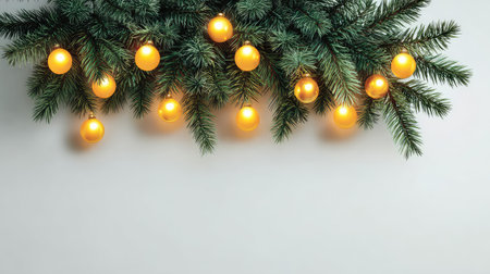 A beautifully arranged Christmas pine tree branch adorned with glowing golden ornaments and warm lights, perfect for adding a festive touch to any holiday design.の素材