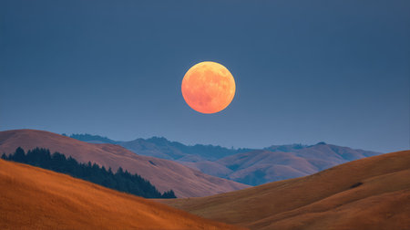 A beautiful full moon casts a warm, orange glow over rolling hills at dusk, creating a serene and picturesque evening landscape filled with tranquility.の素材