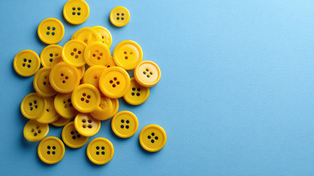 A collection of bright yellow buttons scattered artistically on a blue surface, perfect for illustrating various crafting and sewing projects with a cheerful touch.の素材